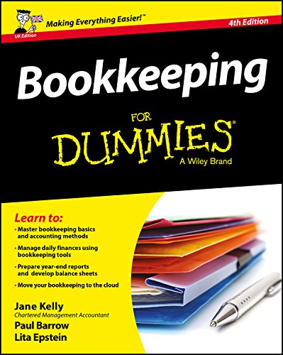 Cover of "Bookkeeping For Dummies" 4th edition with pen and papers.