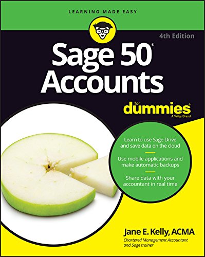 Book cover: "Sage 50 Accounts For Dummies," 4th edition, with a green apple.