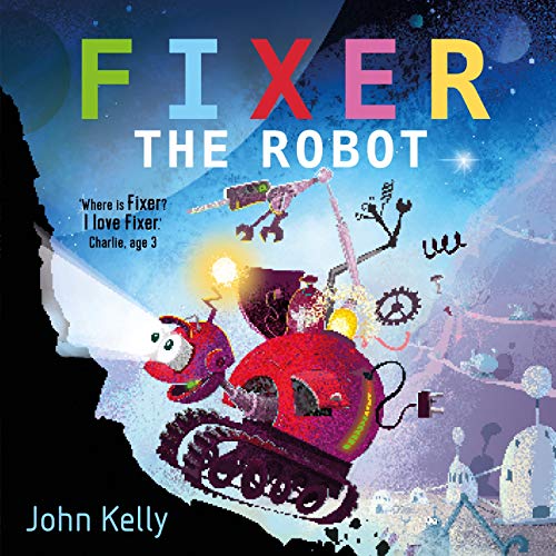 Red robot, Fixer, with tools, against a blue and purple illustrated sky.
