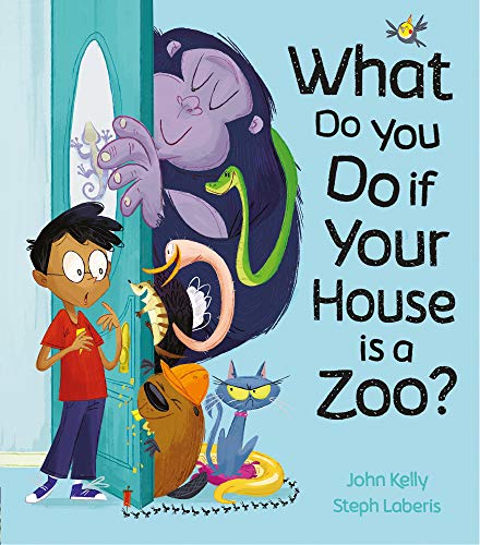 Boy surprised by animals bursting from a doorway, book cover.