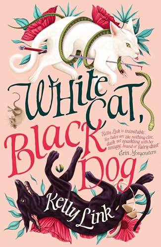 Book cover with a white cat, black dog, snake, and floral designs.