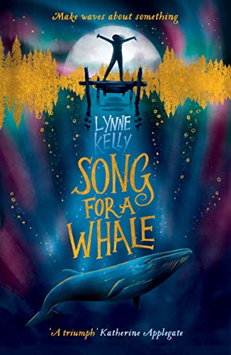 "Book cover with a whale, a person on a dock, and forest under a full moon."