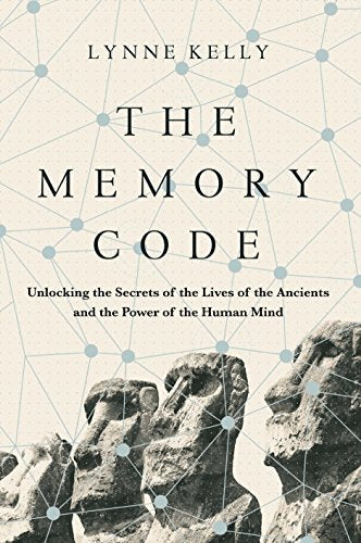 Book cover: “The Memory Code” with ancient stone heads image.