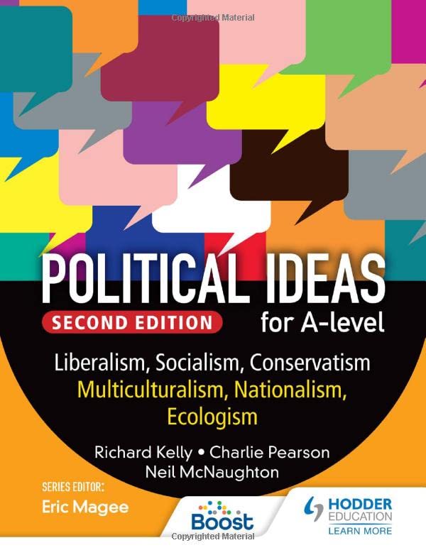 Textbook cover titled Political Ideas for A-level with colorful speech bubble graphics.