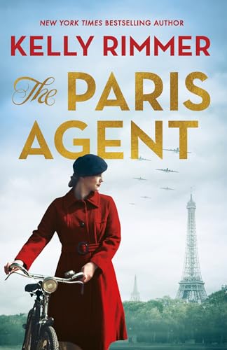 Book cover: woman in red coat with bicycle, Paris and airplanes backdrop.