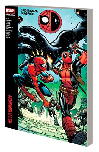 Spider-Man and Deadpool running together on a comic book cover with a giant hand.