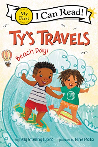 Two children surf on a large wave on the cover of Ty's Travels book.