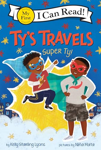Book cover: two young boys dressed as superheroes, bright colors.