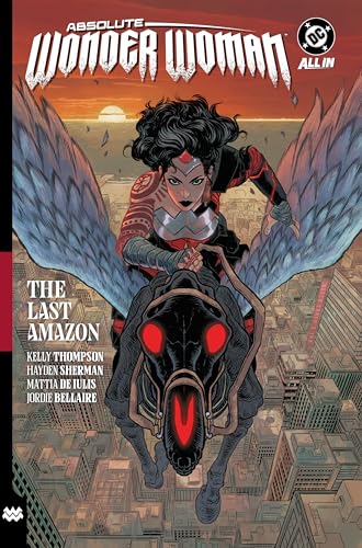 Wonder Woman with wings riding a mechanical horse over a city at sunset.
