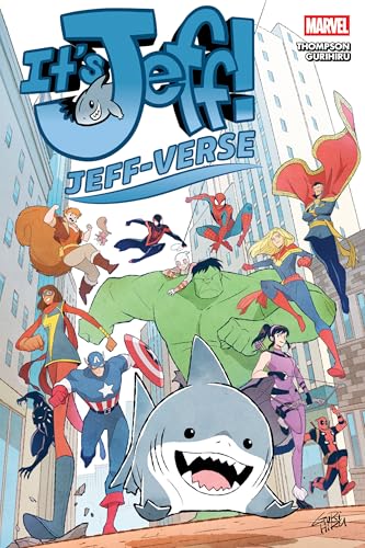 Comic book cover featuring Jeff the Shark with Marvel superheroes.