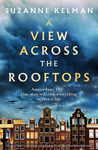 Book cover: rooftops, stormy sky, and airplanes over Amsterdam, 1941.