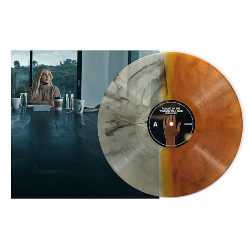Kelsea Ballerini album cover art next to a marbled grey and orange vinyl record.