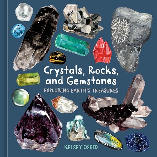 Book cover featuring watercolor illustrations of various crystals, rocks, and gemstones.