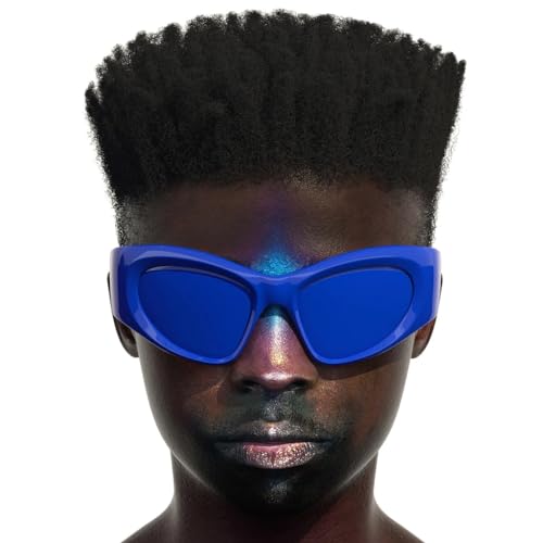 Close-up of a person with dark skin and bright blue sunglasses.