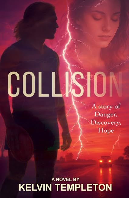 Book cover: silhouettes of people, lightning, car, and fiery sunset.