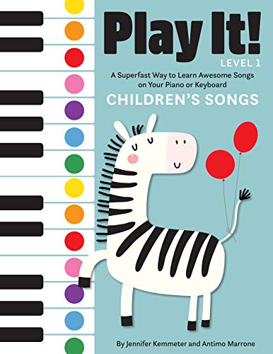 Piano songbook cover with zebra, balloons, and colorful keyboard keys.