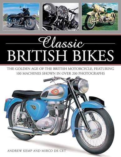Book cover titled Classic British Bikes featuring a blue vintage motorcycle and three inset photos.