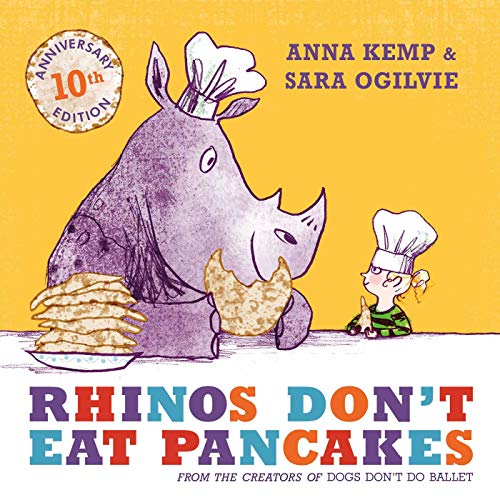 Purple rhinoceros with pancakes, a chef, and book title text.