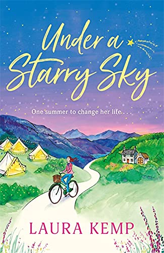 Book cover: woman on bicycle with camping scene and starry sky.