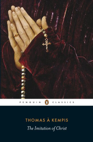 Book cover: praying hands with rosary beads, dark red background.
