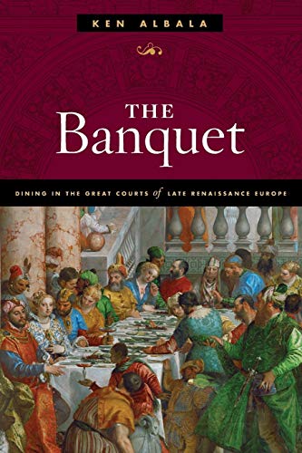 Book cover depicting a Renaissance-era banquet scene with many figures.