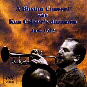 A man playing a trumpet, album cover with text "A Boston Concert with Ken Colyer's Jazzmen".