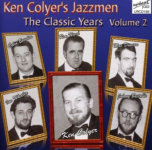 "CD cover with six black-and-white portraits of men on a blue background."