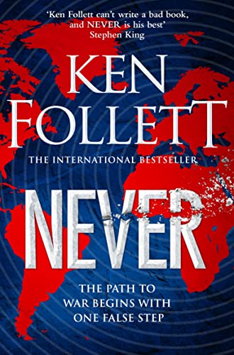 Book cover for "Never" by Ken Follett with world map background.