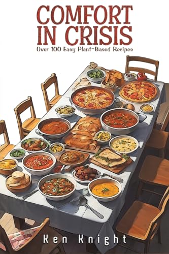 Cookbook cover, “Comfort in Crisis,” featuring plant-based food photography.