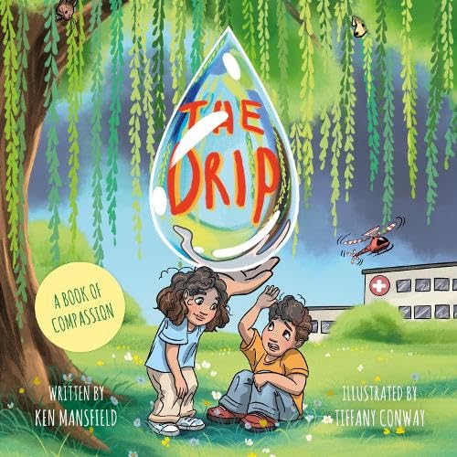 Children look up at a large, colorful water droplet with the title "The Drip".
