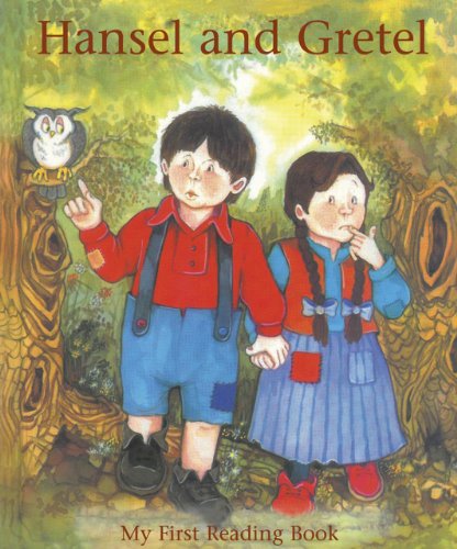 Hansel and Gretel" book cover with children and an owl in a forest.