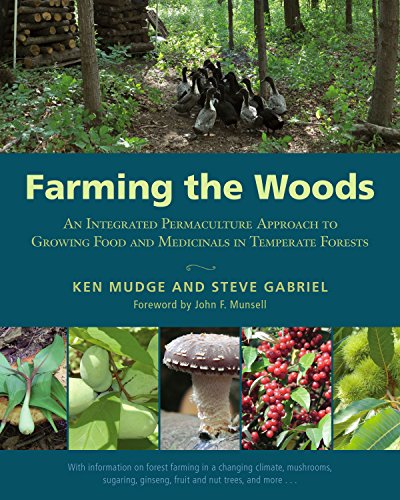 Book cover: forest scene with ducks, title “Farming the Woods”, and plant images.