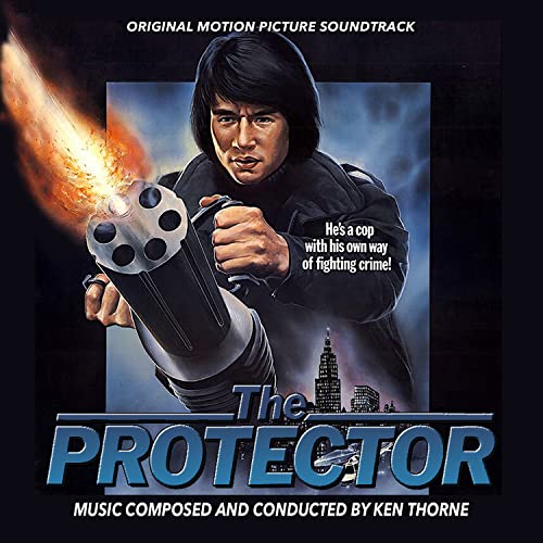 CD cover for "The Protector" soundtrack featuring Jackie Chan with a gun.