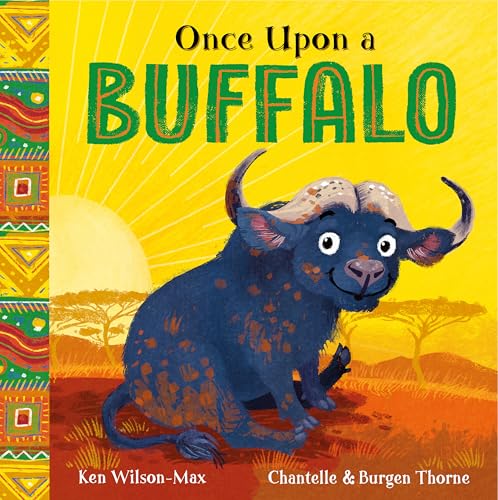 Book cover: illustrated blue buffalo with curved horns in a savanna.