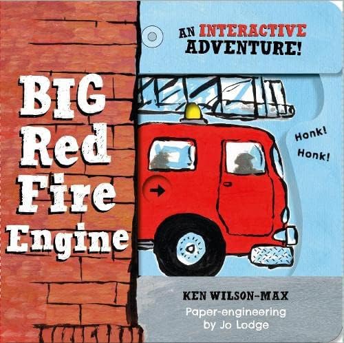 Red fire truck book with interactive elements and paper engineering.