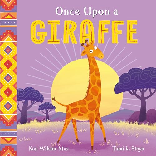 Book cover: giraffe standing in front of a yellow sun and trees.