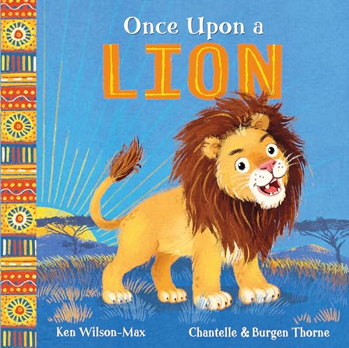 Book cover: illustrated lion with African savanna background.
