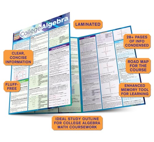 Laminated “College Algebra” study guide with formulas and graphs, barcode 9781423220312.