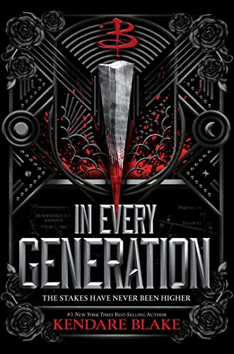 Book cover: stake, red “B” symbol, roses, and dark, ornate design.