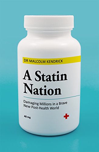 A white pill bottle with the book title A Statin Nation on a blue background.