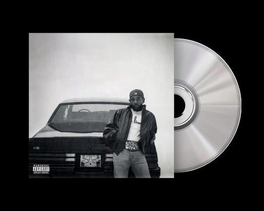 Black and white CD case featuring Kendrick Lamar and a classic car.
