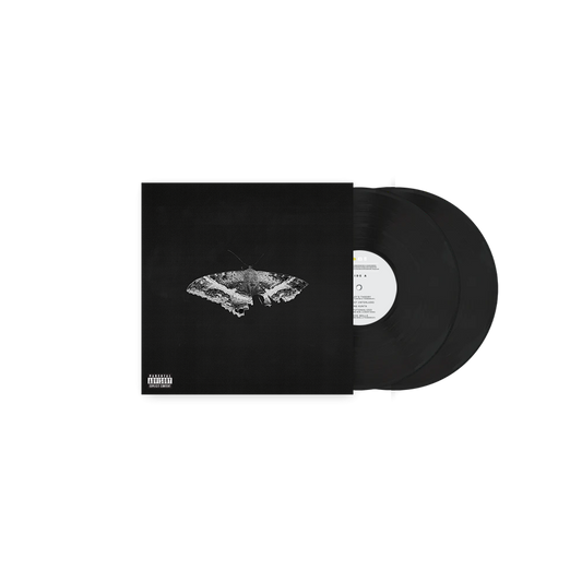 Black vinyl record of Kendrick Lamar’s “To Pimp a Butterfly” with moth image.