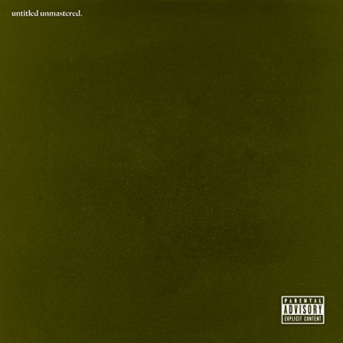 Dark green album cover for Kendrick Lamar’s “untitled unmastered.” with warning label.