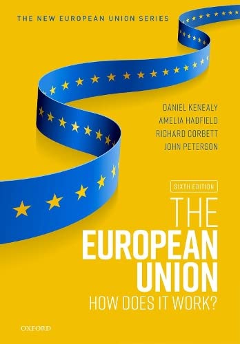 Book cover: "The European Union: How does it work?" with EU flag ribbon.