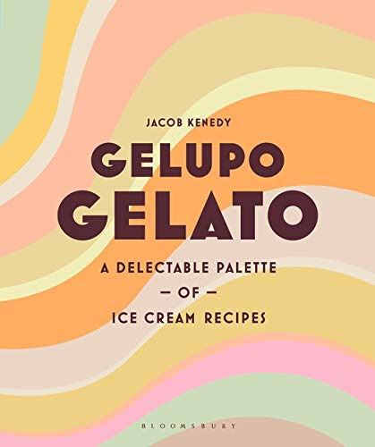 Book cover with wavy pastel stripes and large dark brown text reading Gelupo Gelato.