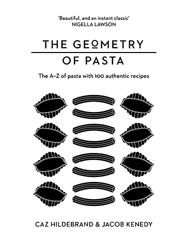 Book cover for The Geometry of Pasta with black pasta illustrations on white background.