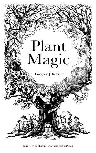 Book cover, “Plant Magic,” with detailed black and white botanical illustrations.