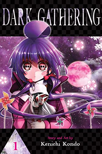 Manga cover: girl with purple hair, holding a fox mask, pink moon backdrop.