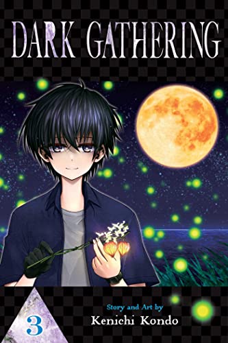 Manga cover: young man with glowing flowers, large moon in night sky.