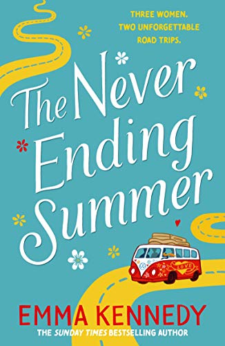 Book cover with title, red VW bus, yellow road, and floral accents.